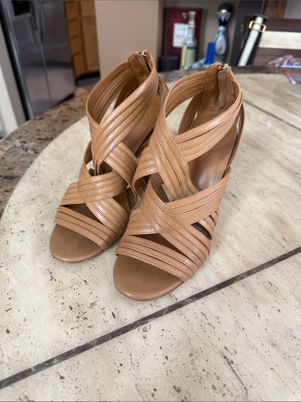 Tory Burch Cognac Leather Crisscross Strappy Heels